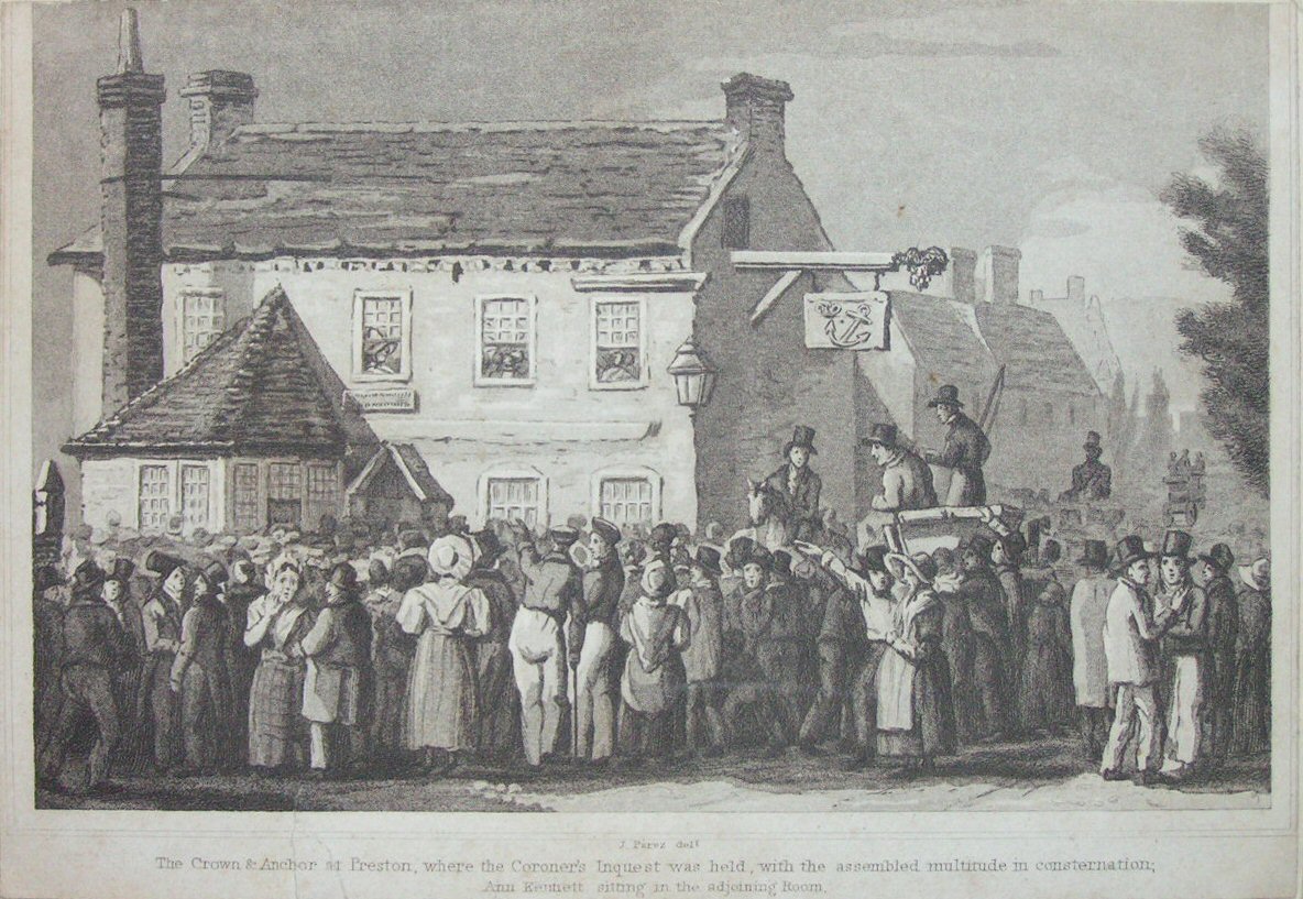 Aquatint - The Crown & Anchor at Preston, where the Coroner's Inquest was held, with the assembled multitude in consternation; Ann Kennett sitting in the adjoining Room.
